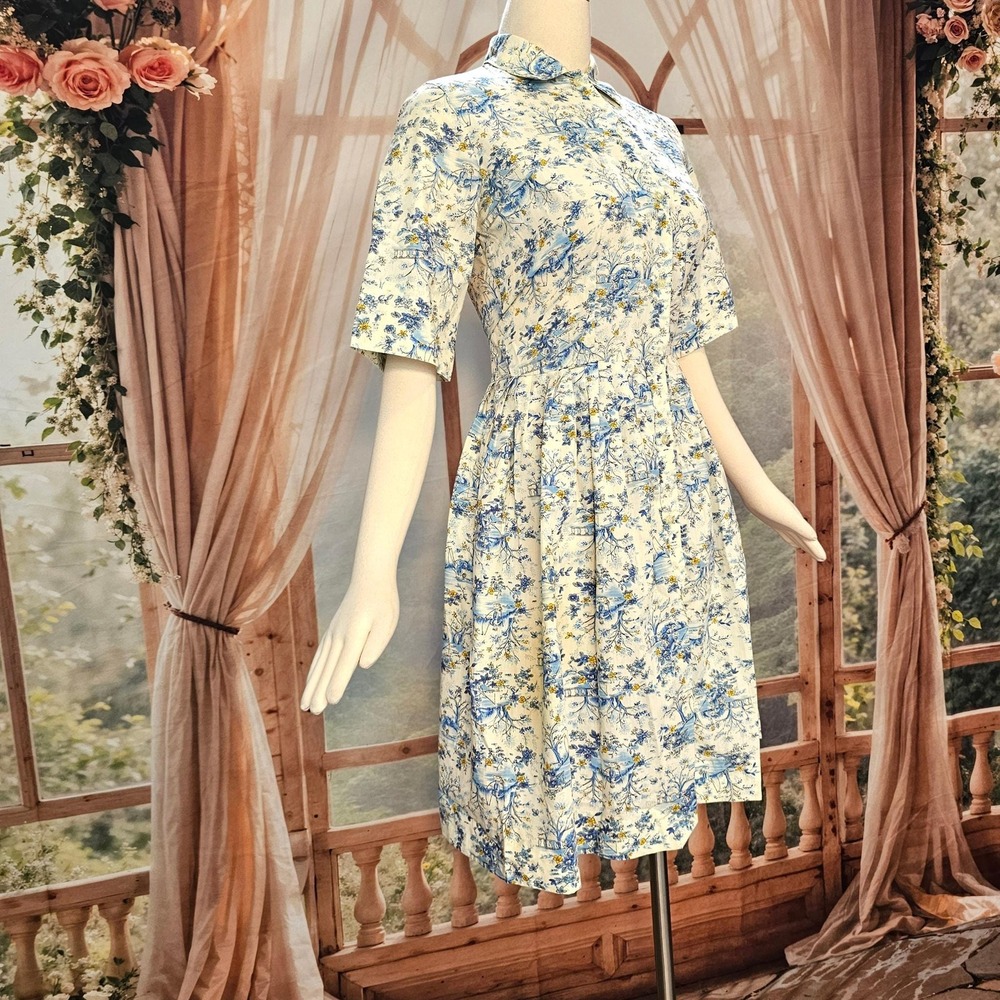 Vintage 1950s Fit and Flare Dress Swing Shirtwaist Novelty Print Blue Yellow